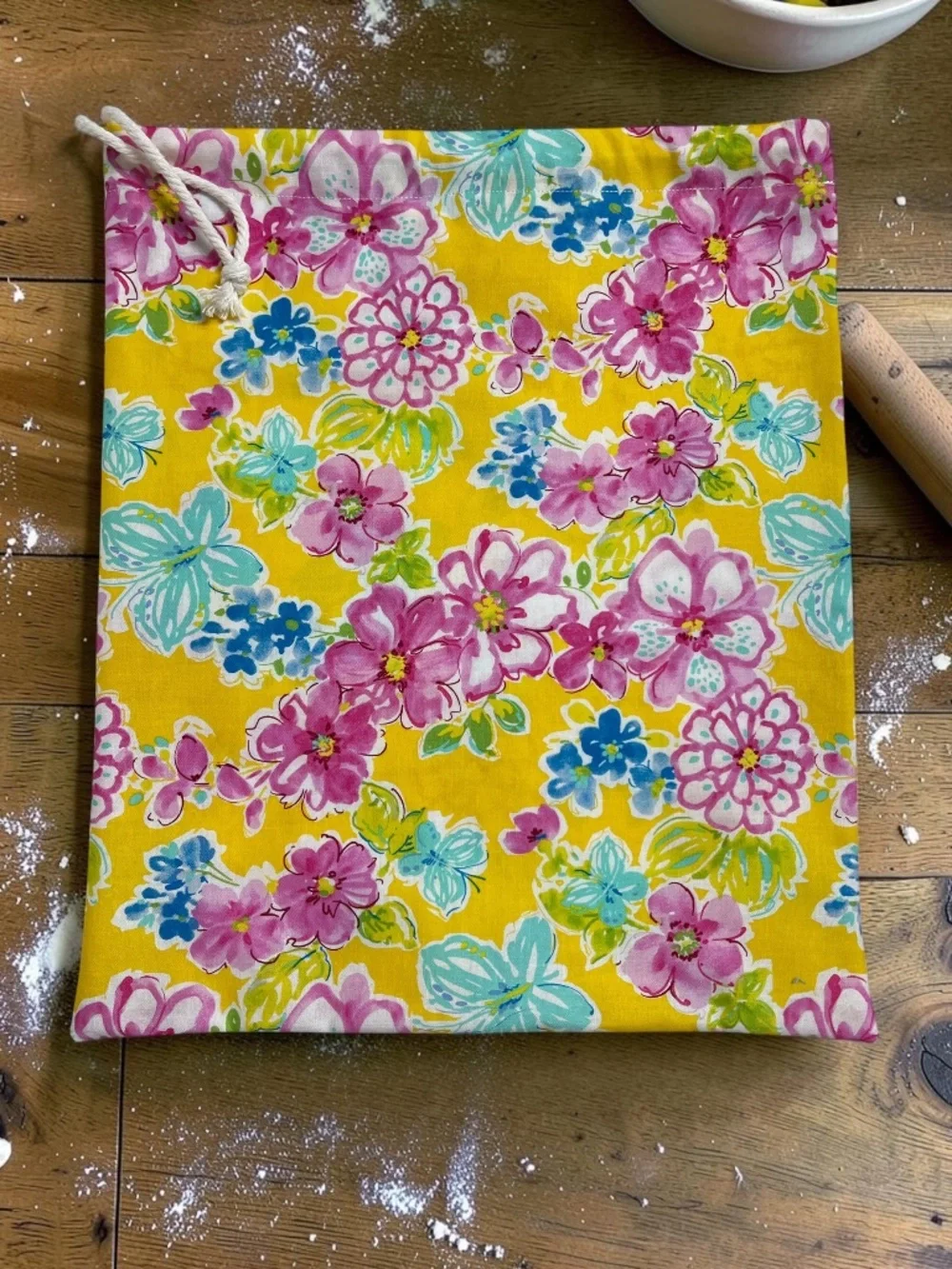 Floral Yellow Flower Bread Bag, Organic Reusable Cotton Sourdough Bread Bag